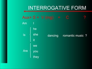 INTERROGATIVE FORM
Aux+ S + V (ing) + C ?
I
he
she
it
we
you
they
Am
Is dancing
Are
romantic music ?
 