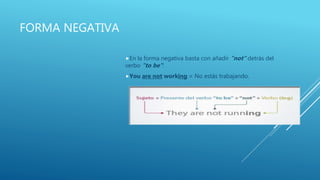 FORMA NEGATIVA
En la forma negativa basta con añadir "not" detrás del
verbo "to be":
You are not working = No estás trabajando.
 
