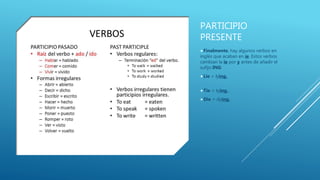 PARTICIPIO
PRESENTE
Finalmente, hay algunos verbos en
inglés que acaban en ie. Estos verbos
cambian la ie por y antes de añadir el
sufijo ING:
Lie = lying.
Tie = tying.
Die = dying.
 