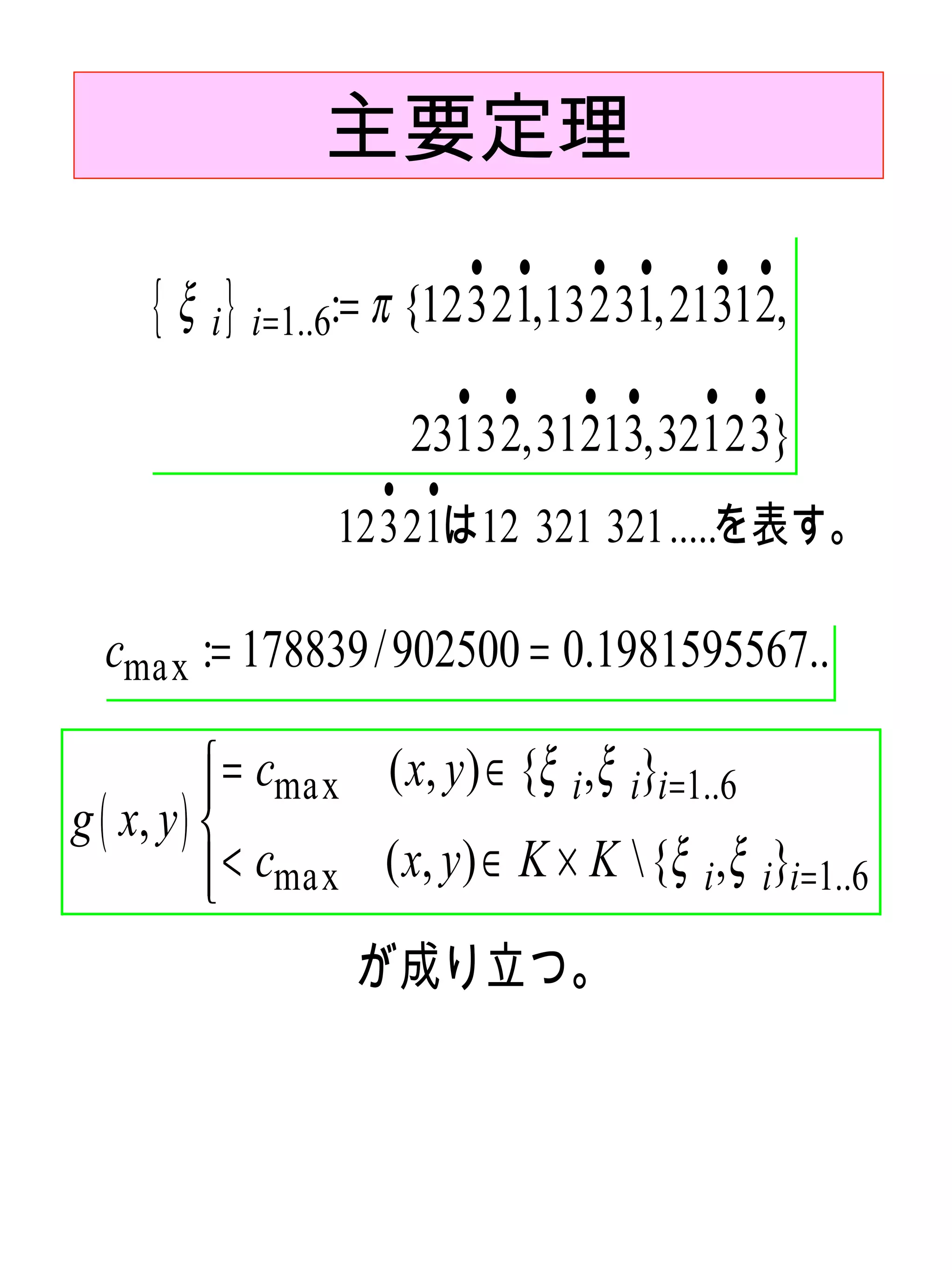 主要定理
                            • •      • •      • •
     { ξ i } i=1..6:= π {12321,13231,21312,
                            • •     • •      • •
                        23132,31213,32123}
                      • •
                  12321は12 321 321.....を表す。

  cma x := 178839 / 902500 = 0.1981595567..

            = cma x ( x, y ) ∈ {ξ i , ξ i}i =1..6
           
g ( x, y ) 
            < cmax ( x, y ) ∈ K × K  {ξ i , ξ i}i =1..6
           
                    が成り立つ。
 