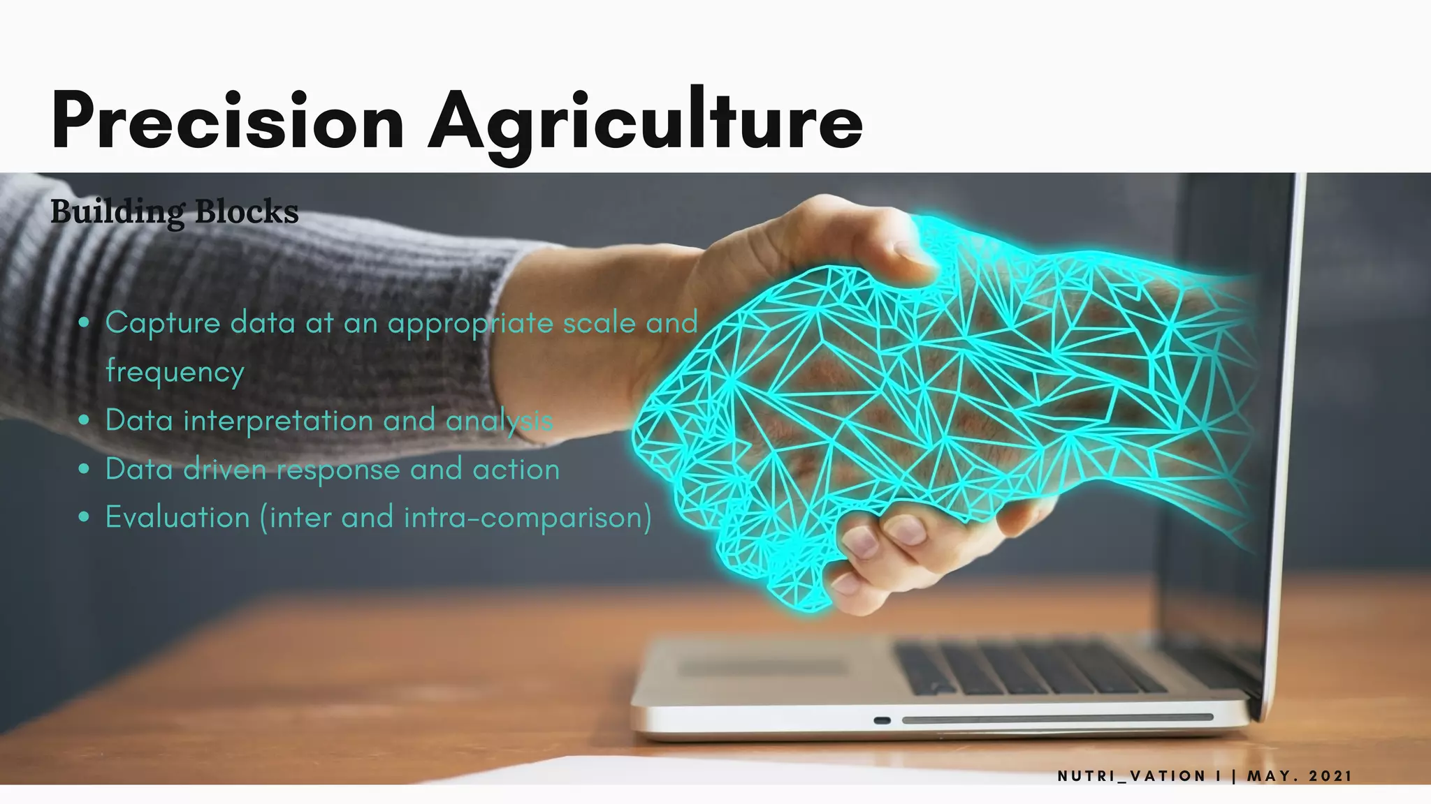 Precision Agriculture
Building Blocks
Capture data at an appropriate scale and
frequency
Data interpretation and analysis
Data driven response and action
Evaluation (inter and intra-comparison)
N U T R I _ V A T I O N I | M A Y . 2 0 2 1
 
