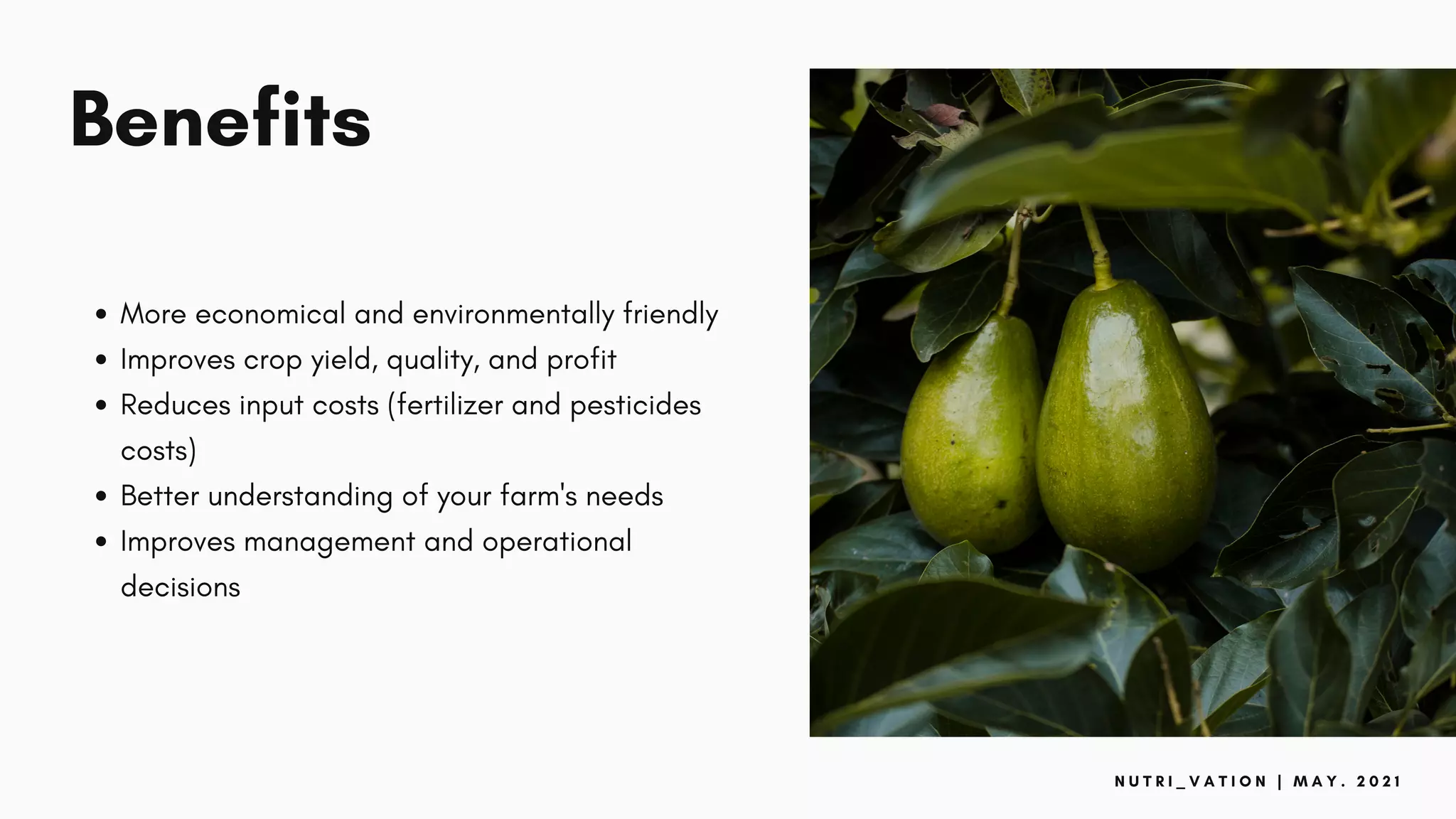 Benefits
More economical and environmentally friendly
Improves crop yield, quality, and profit
Reduces input costs (fertilizer and pesticides
costs)
Better understanding of your farm's needs
Improves management and operational
decisions
N U T R I _ V A T I O N | M A Y . 2 0 2 1
 