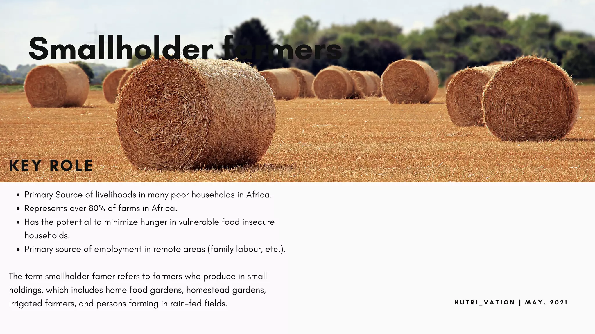 N U T R I _ V A T I O N | M A Y . 2 0 2 1
Smallholder farmers
KEY ROLE
Primary Source of livelihoods in many poor households in Africa.
Represents over 80% of farms in Africa.
Has the potential to minimize hunger in vulnerable food insecure
households.
Primary source of employment in remote areas (family labour, etc.).
The term smallholder famer refers to farmers who produce in small
holdings, which includes home food gardens, homestead gardens,
irrigated farmers, and persons farming in rain-fed fields.
 