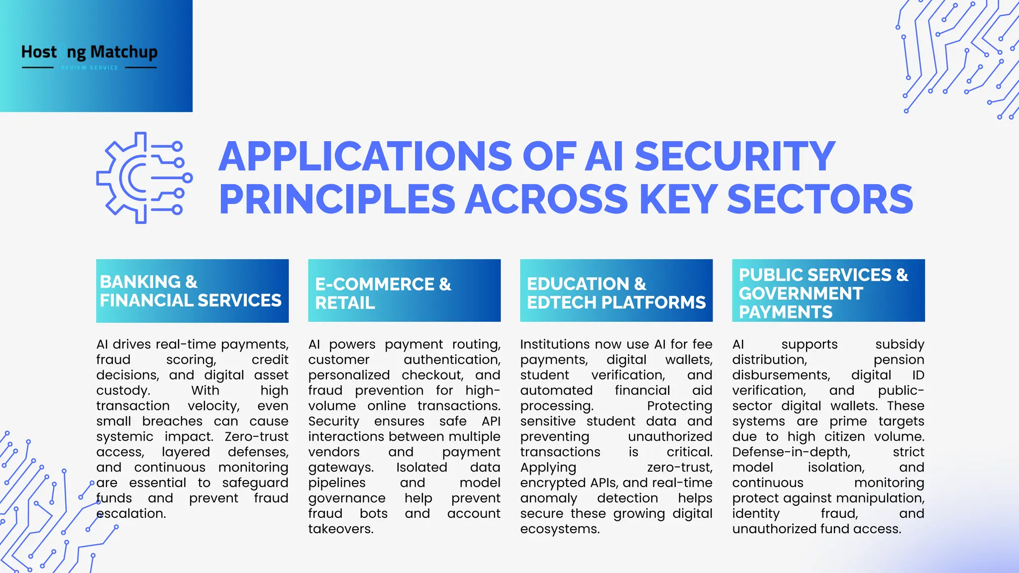 APPLICATIONS OF AI SECURITY PRINCIPLES ACROSS KEY SECTORS BANKING & FINANCIAL SERVICES E-COMMERCE & RETAIL AI drives real-time payments, fraud scoring, credit decisions, and digital asset custody. With high transaction velocity, even small breaches can cause systemic impact. Zero-trust access, layered defenses, and continuous monitoring are essential to safeguard funds and prevent fraud escalation. AI powers payment routing, customer authentication, personalized checkout, and fraud prevention for high- volume online transactions. Security ensures safe API interactions between multiple vendors and payment gateways. Isolated data pipelines and model governance help prevent fraud bots and account takeovers. Institutions now use AI for fee payments, digital wallets, student verification, and automated financial aid processing. Protecting sensitive student data and preventing unauthorized transactions is critical. Applying zero-trust, encrypted APIs, and real-time anomaly detection helps secure these growing digital ecosystems. AI supports subsidy distribution, pension disbursements, digital ID verification, and public- sector digital wallets. These systems are prime targets due to high citizen volume. Defense-in-depth, strict model isolation, and continuous monitoring protect against manipulation, identity fraud, and unauthorized fund access. EDUCATION & EDTECH PLATFORMS PUBLIC SERVICES & GOVERNMENT PAYMENTS 