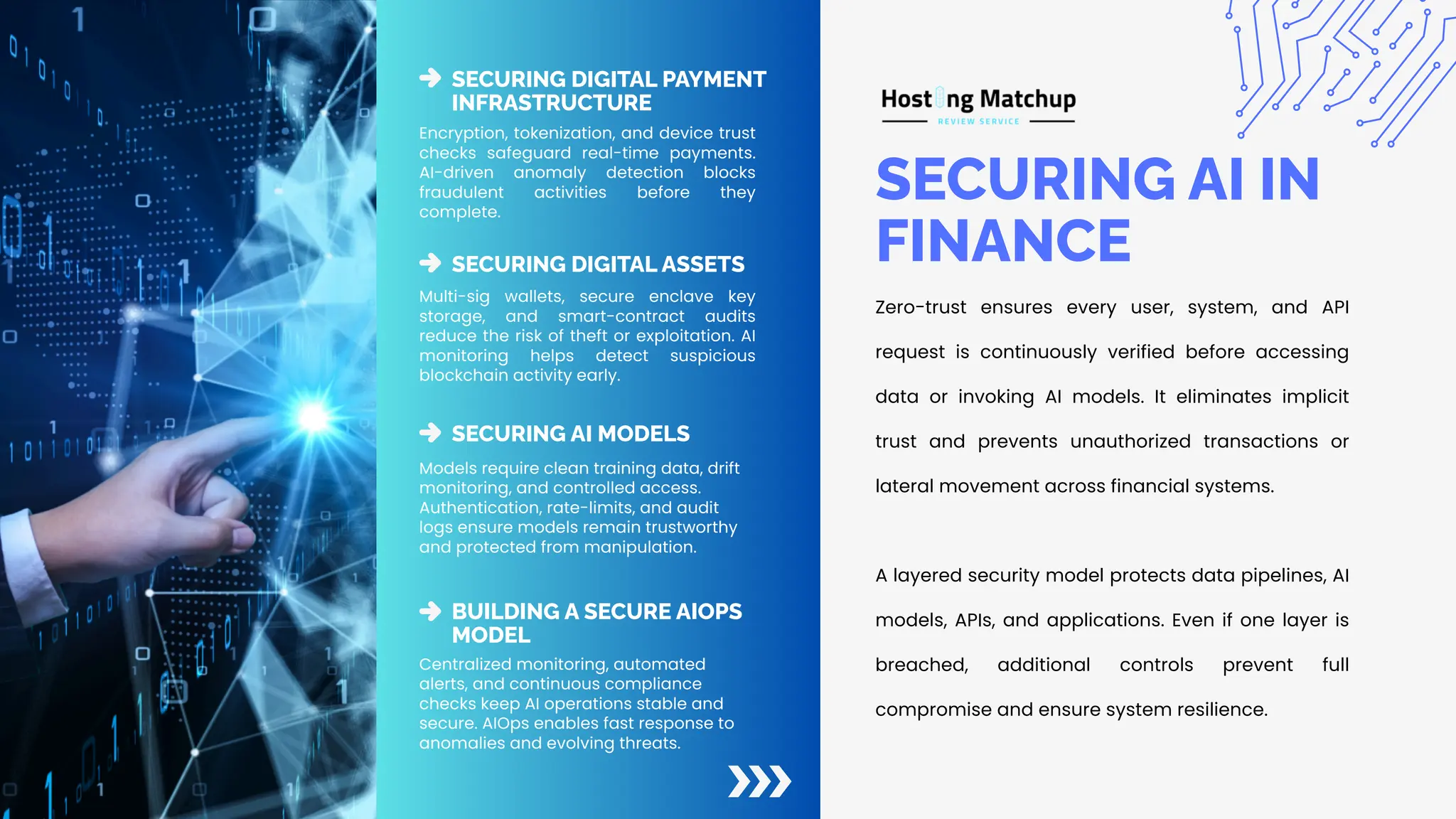SECURING AI IN FINANCE Zero-trust ensures every user, system, and API request is continuously verified before accessing data or invoking AI models. It eliminates implicit trust and prevents unauthorized transactions or lateral movement across financial systems. A layered security model protects data pipelines, AI models, APIs, and applications. Even if one layer is breached, additional controls prevent full compromise and ensure system resilience. SECURING DIGITAL PAYMENT INFRASTRUCTURE SECURING DIGITAL ASSETS Encryption, tokenization, and device trust checks safeguard real-time payments. AI-driven anomaly detection blocks fraudulent activities before they complete. Multi-sig wallets, secure enclave key storage, and smart-contract audits reduce the risk of theft or exploitation. AI monitoring helps detect suspicious blockchain activity early. BUILDING A SECURE AIOPS MODEL Models require clean training data, drift monitoring, and controlled access. Authentication, rate-limits, and audit logs ensure models remain trustworthy and protected from manipulation. SECURING AI MODELS Centralized monitoring, automated alerts, and continuous compliance checks keep AI operations stable and secure. AIOps enables fast response to anomalies and evolving threats. 