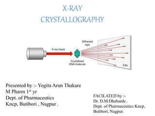 X-RAY
CRYSTALLOGRAPHY
Presented by :- Yogita Arun Thakare
M Pharm 1st yr
Dept. of Pharmaceutics
Kncp, Butibori , Nagpur .
FACILATED by :-
Dr. D.M.Dhabarde .
Dept. of Pharmaceutics Kncp,
Butibori, Nagpur.
 