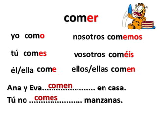 comer
yo
tú
él/ella
nosotros
vosotros
ellos/ellas
como
comes
come
comemos
coméis
comen
Ana y Eva....................... en casa.comen
Tú no ....................... manzanas.comes
 