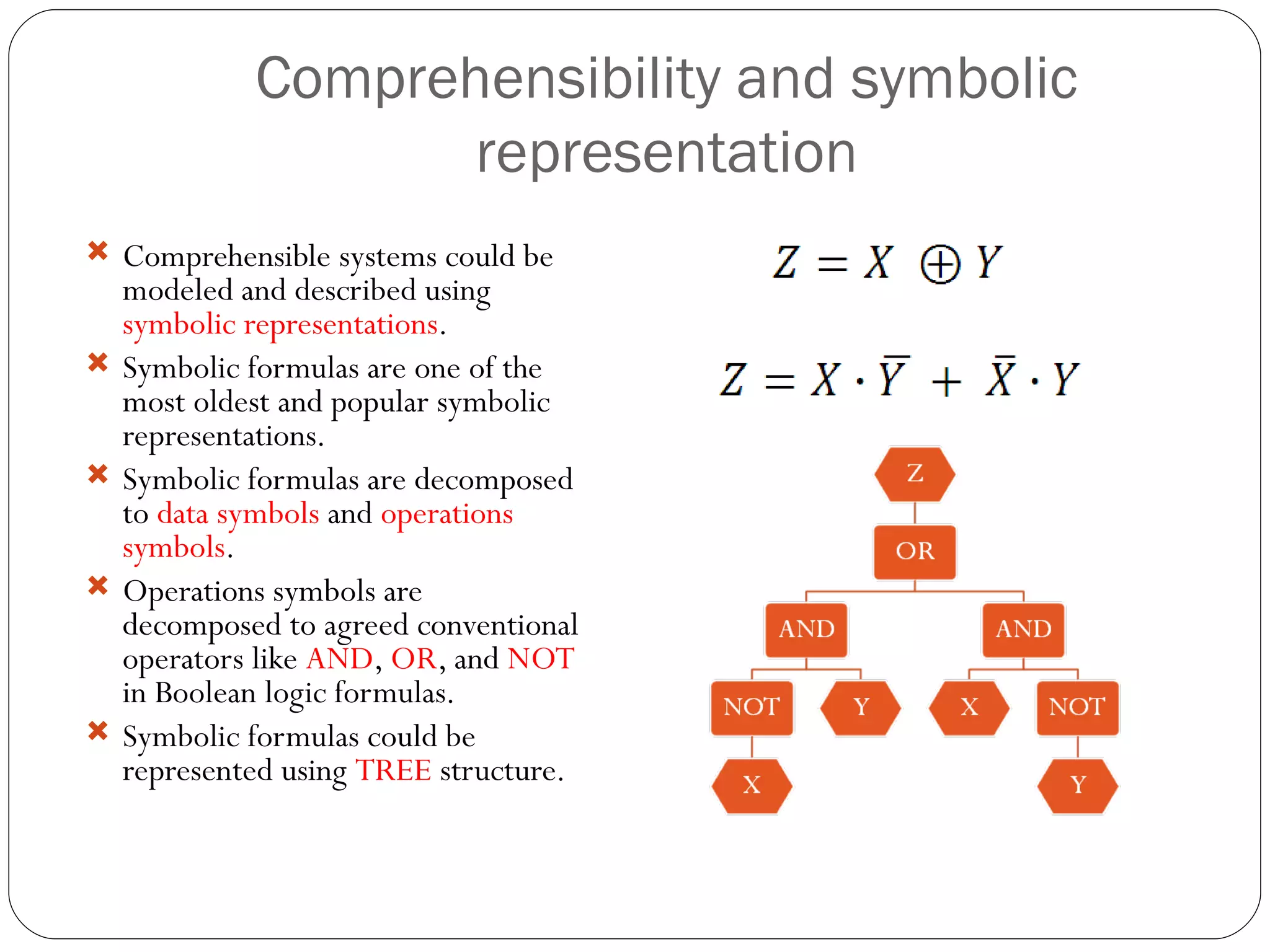 Comprehensibility and symbolic representation Comprehensible systems could be modeled and described using  symbolic representations . Symbolic formulas are one of the most oldest and popular symbolic representations. Symbolic formulas are decomposed to  data symbols  and  operations symbols . Operations symbols are decomposed to agreed conventional operators like  AND ,  OR , and  NOT  in Boolean logic formulas. Symbolic formulas could be represented using  TREE  structure. 