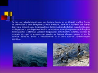 Se han ensayado distintas técnicas para limitar o limpiar los vertidos del petróleo. Pronto se comenzaron a usar detergentes y otros productos, pero en el accidente del Torrey Canyon se comprobó que los productos de limpieza utilizados habían causado más daño ecológico que el propio petróleo vertido. Actualmente se emplean productos de limpieza menos dañinos y diferentes técnicas y maquinarias, como barreras flotantes, sistemas de recogida, etc., que en algunos casos pueden ser bastante eficaces, aunque no son la solución definitiva. Evitar la contaminación es la única solución verdaderamente aceptable. 