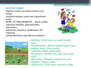 STATIVE VERBS
Algunos verbos no suelen usarse en la
forma
continua aunque vayan con expresiones
como
NOW, AT THE MOMENT … Estos verbos
expresan sentidos, pensamientos,
emociones,
relaciones, estados y mediciones. No
expresan
acontecimientos específicos o acciones.

                       •Sentidos .-Feel, hear, see, smell, sound,
                       taste
                       •Pensamientos.- Believe, doubt, forget, hope,
                       imagine, know, mean, prefer,
                       remember, think, understand
                       •Emociones .-Dislike, hate, like, love, need,
                       want
                       •Relaciones .-Belong to, depend on, own
                       •Estados.- Appear, seem
                       •Mediciones .-Cost, equal, measure, weigh
 