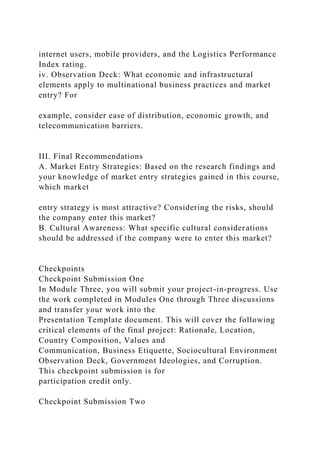 internet users, mobile providers, and the Logistics Performance
Index rating.
iv. Observation Deck: What economic and infrastructural
elements apply to multinational business practices and market
entry? For
example, consider ease of distribution, economic growth, and
telecommunication barriers.
III. Final Recommendations
A. Market Entry Strategies: Based on the research findings and
your knowledge of market entry strategies gained in this course,
which market
entry strategy is most attractive? Considering the risks, should
the company enter this market?
B. Cultural Awareness: What specific cultural considerations
should be addressed if the company were to enter this market?
Checkpoints
Checkpoint Submission One
In Module Three, you will submit your project-in-progress. Use
the work completed in Modules One through Three discussions
and transfer your work into the
Presentation Template document. This will cover the following
critical elements of the final project: Rationale, Location,
Country Composition, Values and
Communication, Business Etiquette, Sociocultural Environment
Observation Deck, Government Ideologies, and Corruption.
This checkpoint submission is for
participation credit only.
Checkpoint Submission Two
 
