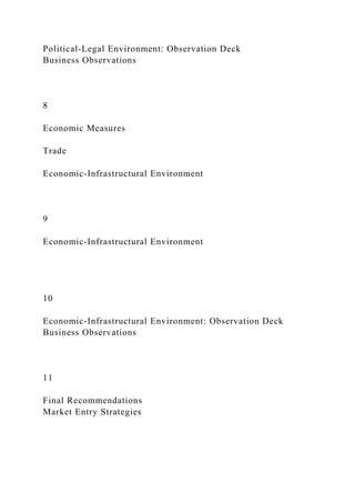 Political-Legal Environment: Observation Deck
Business Observations
8
Economic Measures
Trade
Economic-Infrastructural Environment
9
Economic-Infrastructural Environment
10
Economic-Infrastructural Environment: Observation Deck
Business Observations
11
Final Recommendations
Market Entry Strategies
 