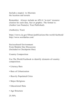 Include a map(s) to illustrate
the location and terrain
Remember: Always include an APA 6 ‘in-text’ resource
citation for each idea, fact or graphic. The format is:
(Author Last Name(s), Year Published).
(Author(s), Year)
https://www.cia.gov/library/publications/the-world-factbook/
http://www.worldatlas.com/
Sociocultural Environment
From Module One Discussion
(Included in Checkpoint One)
Country Composition
Use The World Factbook to identify elements of country
composition.
• Literacy Rate
• Rate of Urbanization
• Heavily Populated Cities
• Major Religions
• Educational Data
• Age Structure
25.50%
 