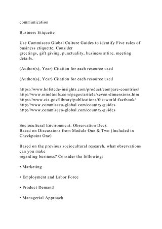 communication
Business Etiquette
Use Commisceo Global Culture Guides to identify Five rules of
business etiquette. Consider
greetings, gift giving, punctuality, business attire, meeting
details.
(Author(s), Year) Citation for each resource used
(Author(s), Year) Citation for each resource used
https://www.hofstede-insights.com/product/compare-countries/
http://www.mindtools.com/pages/article/seven-dimensions.htm
https://www.cia.gov/library/publications/the-world-factbook/
http://www.commisceo-global.com/country-guides
http://www.commisceo-global.com/country-guides
Sociocultural Environment: Observation Deck
Based on Discussions from Module One & Two (Included in
Checkpoint One)
Based on the previous sociocultural research, what observations
can you make
regarding business? Consider the following:
• Marketing
• Employment and Labor Force
• Product Demand
• Managerial Approach
 