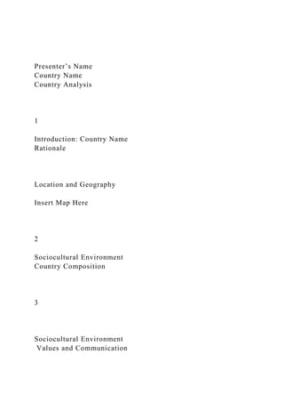 Presenter’s Name
Country Name
Country Analysis
1
Introduction: Country Name
Rationale
Location and Geography
Insert Map Here
2
Sociocultural Environment
Country Composition
3
Sociocultural Environment
Values and Communication
 