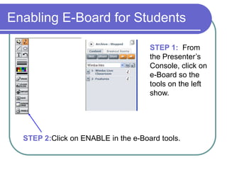 Breakout Rooms:Showing PowerPoint Step 1: In the Main Room under Presenter’s Console, select your PowerPoint Slides in the drop down box and click on Go.Step 2. Click on the Preview button for the slide you wish to show