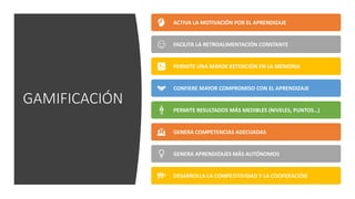 GAMIFICACIÓN
ACTIVA LA MOTIVACIÓN POR EL APRENDIZAJE
FACILITA LA RETROALIMENTACIÓN CONSTANTE
PERMITE UNA MAYOR RETENCIÓN EN LA MEMORIA
CONFIERE MAYOR COMPROMISO CON EL APRENDIZAJE
PERMITE RESULTADOS MÁS MEDIBLES (NIVELES, PUNTOS…)
GENERA COMPETENCIAS ADECUADAS
GENERA APRENDIZAJES MÁS AUTÓNOMOS
DESARROLLA LA COMPETITIVIDAD Y LA COOPERACIÓN
 