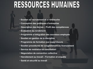 RESSOURCES HUMAINES Soutien au recrutement et à l’embauche Conception des politiques d’entreprise Description des tâches – Profil des compétences Évaluation du rendement Programme d’intégration des nouveaux employés Soutien en gestion de la discipline Programme de formation aux superviseurs Soutien procédures de congédiement ou licenciement Service de médiation et conciliation Négociation de convention collective Harcèlement au travail – Formation et enquête Santé et sécurité au travail 