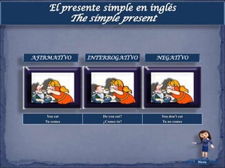 AFIRMATIVO    INTERROGATIVO     NEGATIVO




    You eat       Do you eat?    You don't eat
   Tu comes       ¿Comes tu?     Tu no comes




                                                 Menú
 