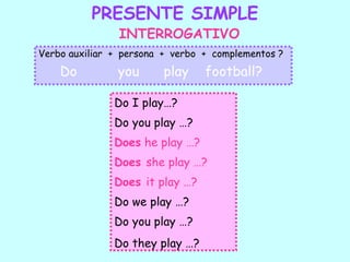 PRESENTE SIMPLE
                INTERROGATIVO
Verbo auxiliar + persona + verbo + complementos ?
    Do         you       play    football?

               Do I play…?
               Do you play …?
               Does he play …?
               Does she play …?
               Does it play …?
               Do we play …?
               Do you play …?
               Do they play …?
 