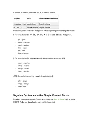 In general, in the third person we add 'S' in the third person.
Subject Verb The Rest of the sentence
I / you / we / they speak / learn English at home
he / she / it speaks / learns English at home
The spelling for the verb in the third person differs depending on the ending of that verb:
1. For verbs that end in -O, -CH, -SH, -SS, -X, or -Z we add -ES in the third person.
 go – goes
 catch – catches
 wash – washes
 kiss – kisses
 fix – fixes
 buzz – buzzes
2. For verbs that end in a consonant + Y, we remove the Y and add -IES.
 marry – marries
 study – studies
 carry – carries
 worry – worries
NOTE: For verbs that end in a vowel + Y, we just add -S.
 play – plays
 enjoy – enjoys
 say – says
Negative Sentences in the Simple Present Tense
To make a negative sentence in English we normally use Don't or Doesn't with all verbs
EXCEPT To Be and Modal verbs (can, might, should etc.).
 