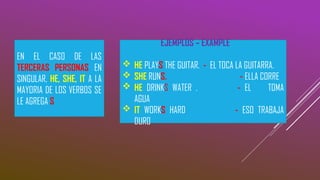 EN EL CASO DE LAS
TERCERAS PERSONAS EN
SINGULAR, HE, SHE, IT A LA
MAYORIA DE LOS VERBOS SE
LE AGREGA S
EJEMPLOS – EXAMPLE
 HE PLAYS THE GUITAR. - EL TOCA LA GUITARRA.
 SHE RUNS. - ELLA CORRE
 HE DRINKS WATER . - EL TOMA
AGUA
 IT WORKS HARD - ESO TRABAJA
DURO
 