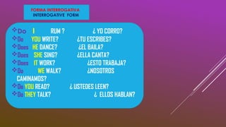 Do I RUM ? ¿ YO CORRO?
Do YOU WRITE? ¿TU ESCRIBES?
Does HE DANCE? ¿EL BAILA?
Does SHE SING? ¿ELLA CANTA?
Does IT WORK? ¿ESTO TRABAJA?
Do WE WALK? ¿NOSOTROS
CAMINAMOS?
Do YOU READ? ¿ USTEDES LEEN?
Do THEY TALK? ¿ ELLOS HABLAN?
FORMA INTERROGATIVA
INTERROGATIVE FORM
 