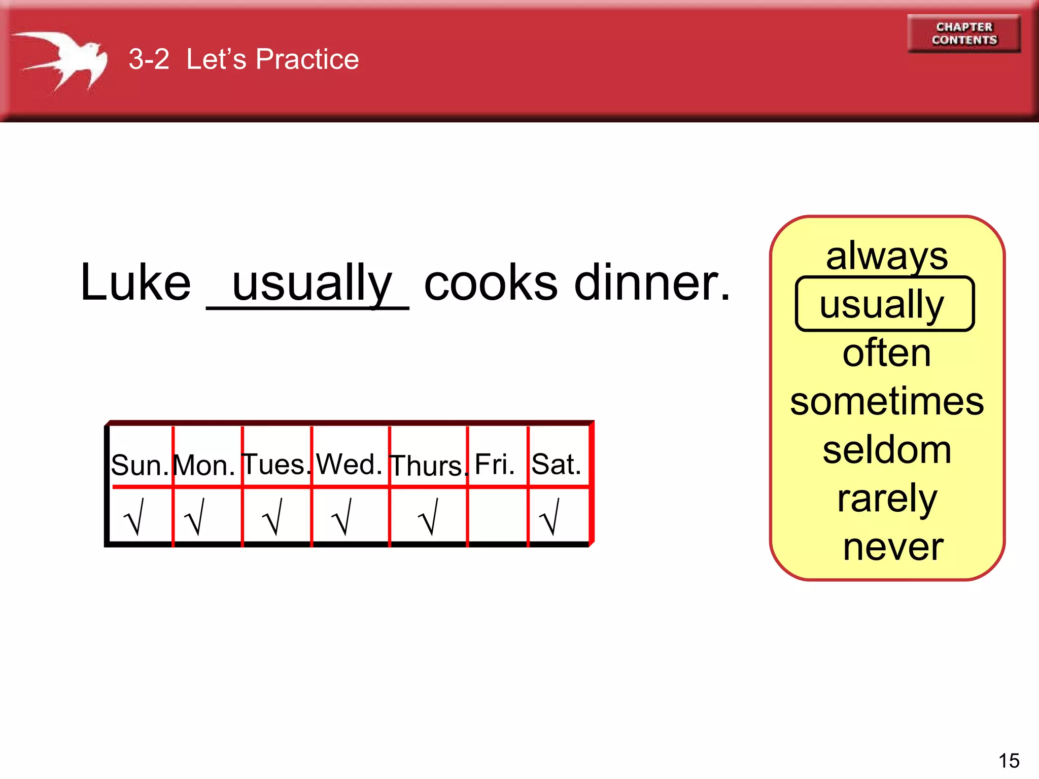 always usually  often sometimes seldom rarely never Luke _______ cooks dinner.  usually      Sun. Mon. Tues. Wed. Thurs. Fri. Sat. 3-2  Let’s Practice 
