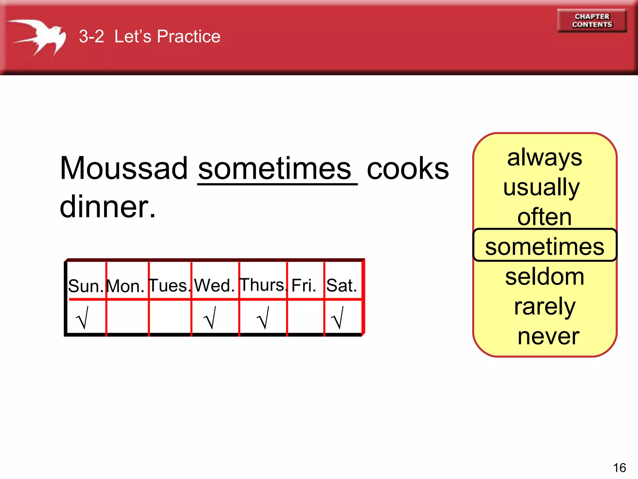 always usually  often sometimes seldom rarely never Moussad _________ cooks  dinner.  sometimes    Sun. Mon. Tues. Wed. Thurs . Fri. Sat. 3-2  Let’s Practice 