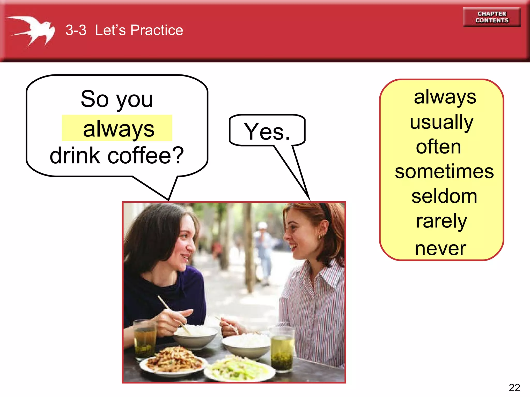 So you drink coffee? always Yes. 3-3  Let’s Practice always  usually often  sometimes  seldom rarely never   
