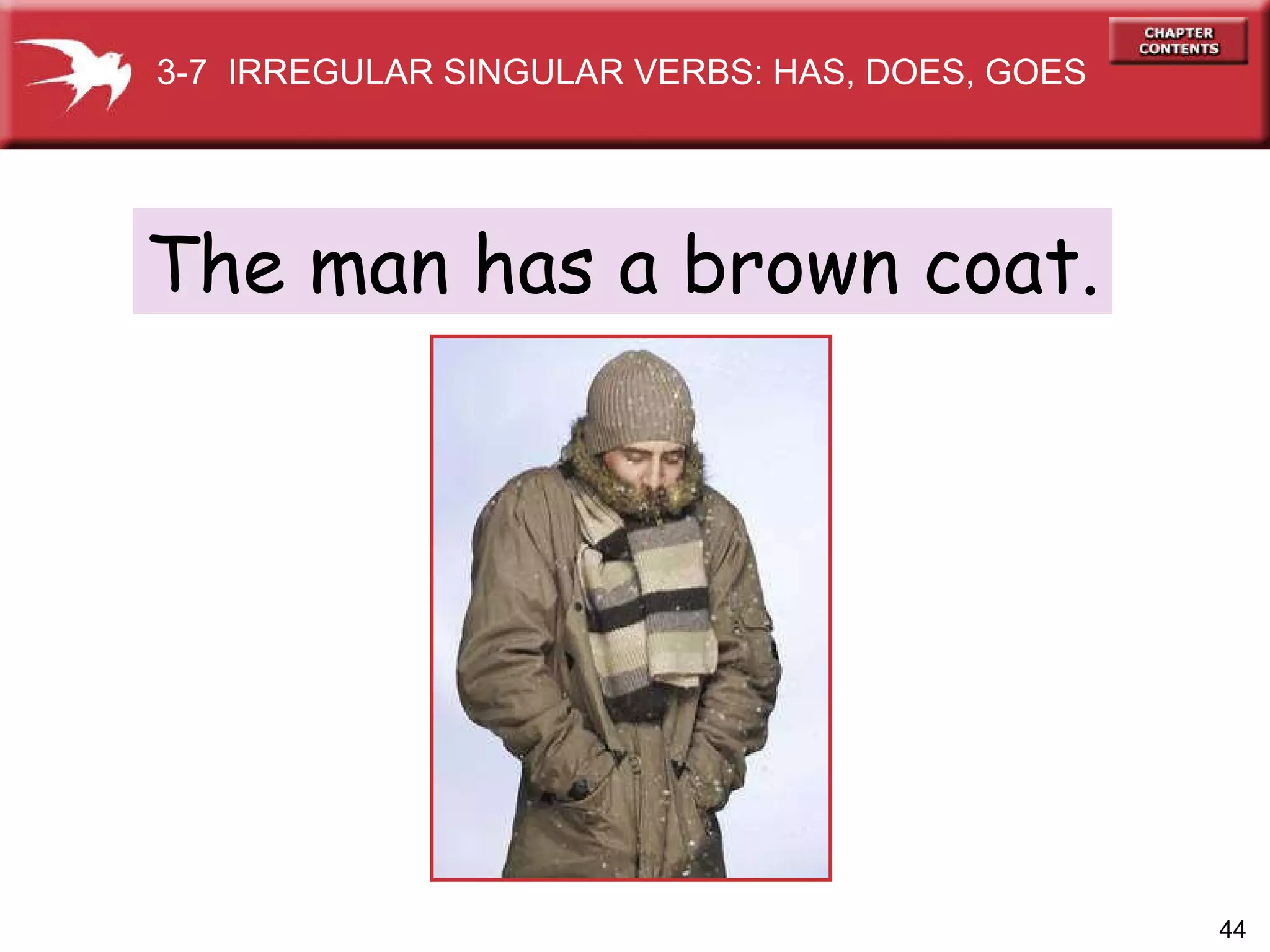 The man has a brown coat. 3-7  IRREGULAR SINGULAR VERBS: HAS, DOES, GOES 
