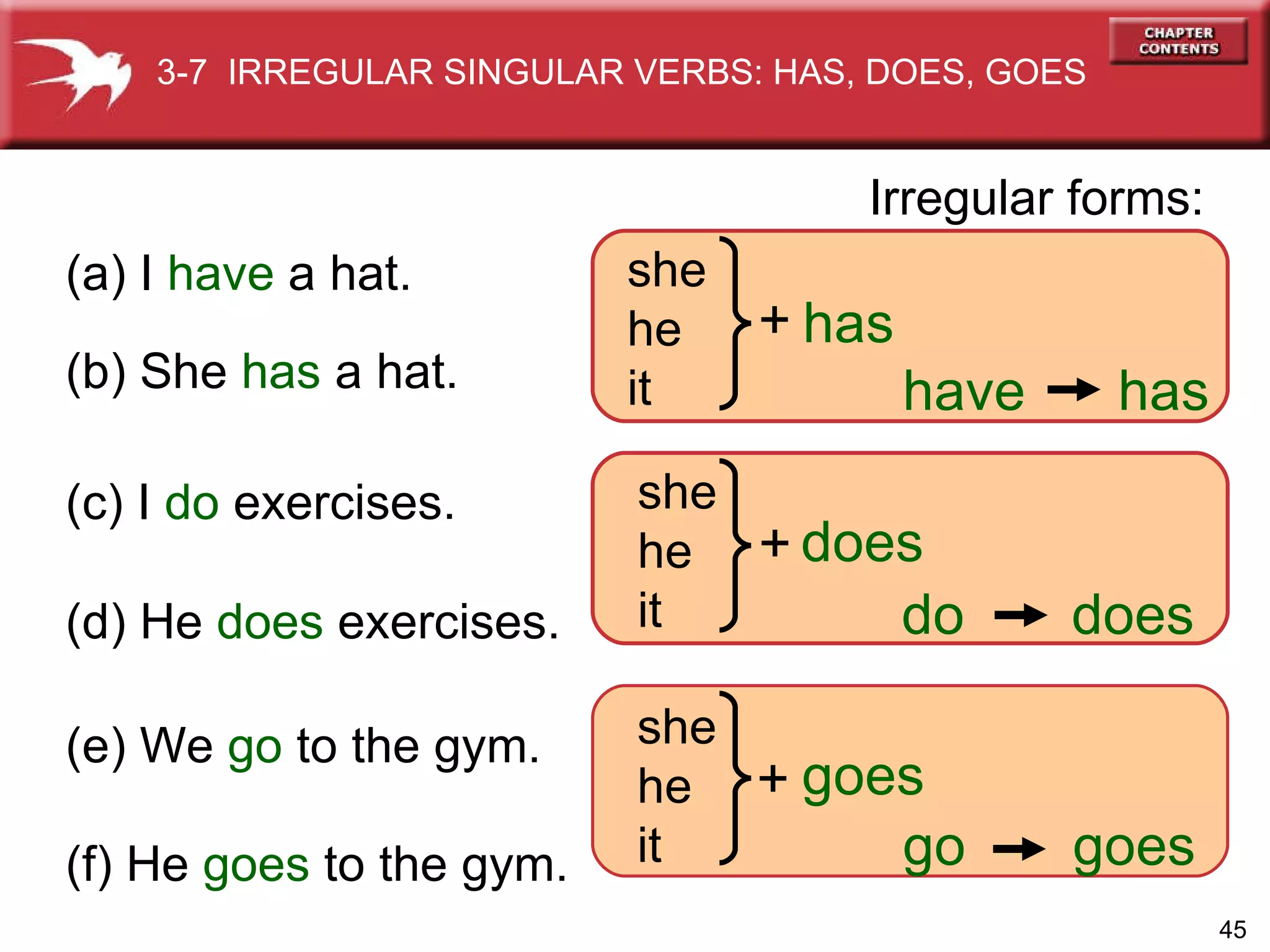 does (c) I  do  exercises. (d) He  does  exercises. (a) I  have  a hat. (b) She  has  a hat. Irregular forms: have has do does (e) We  go  to the gym. (f) He  goes  to the gym. go goes she he it has goes she he it she he it + + + 3-7  IRREGULAR SINGULAR VERBS: HAS, DOES, GOES 