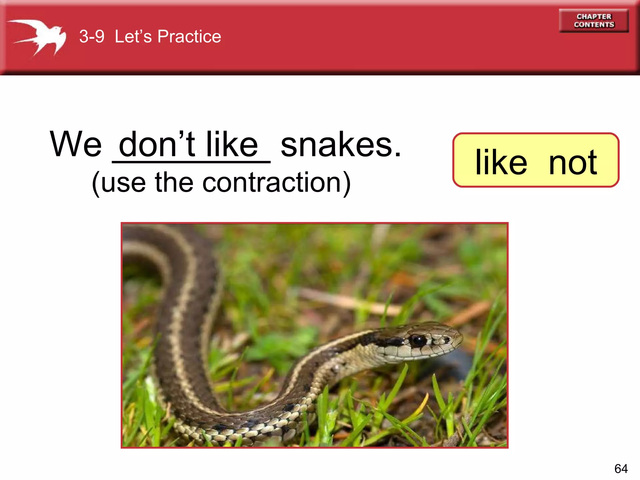 We ________ snakes. don’t like (use the contraction) 3-9  Let’s Practice like  not 