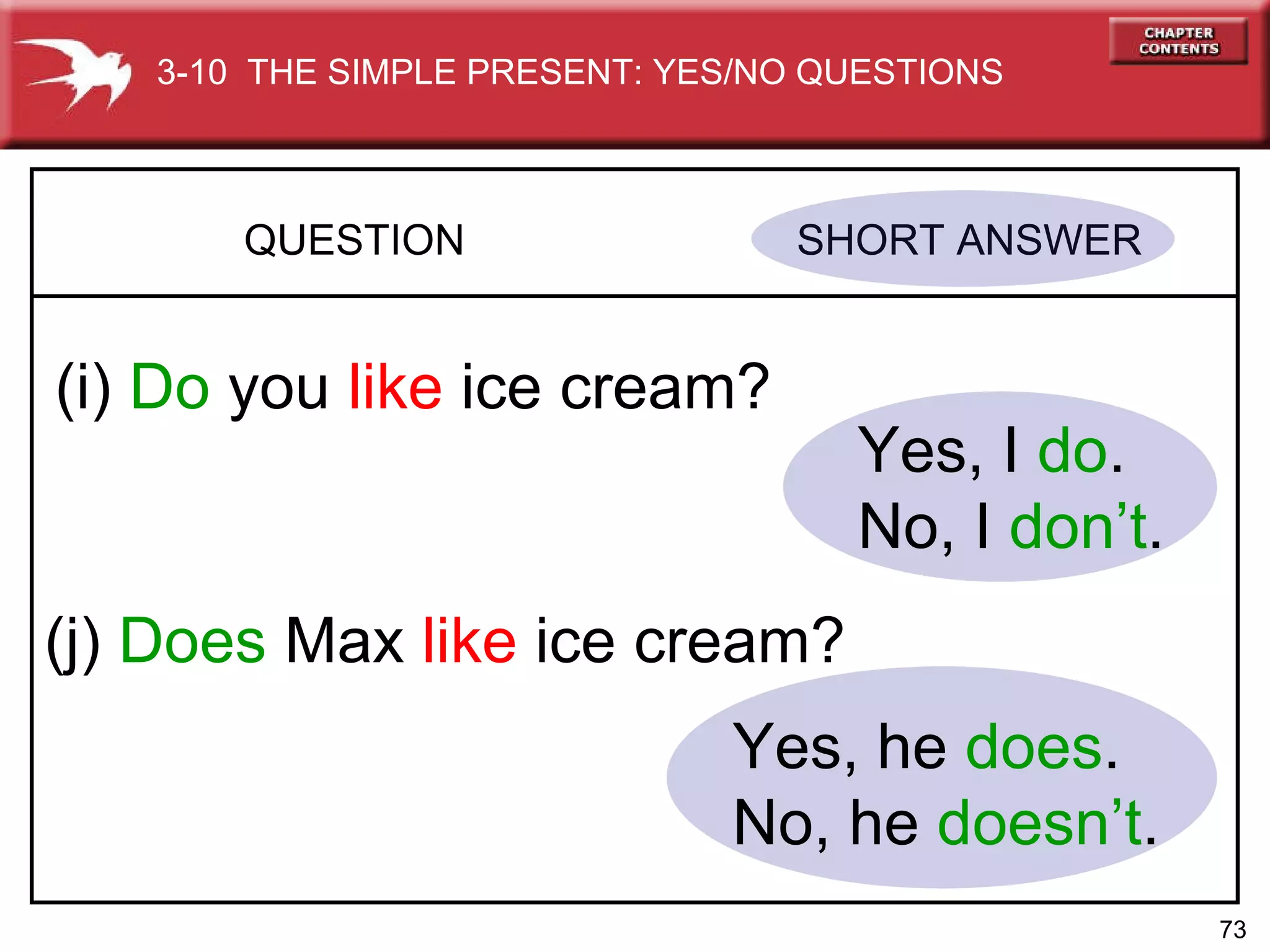 QUESTION  SHORT ANSWER  (i)  Do  you  like  ice cream? Yes, I   do . No, I   don’t . (j)  Does  Max  like  ice cream? Yes, he   does . No, he   doesn’t . 3-10  THE SIMPLE PRESENT: YES/NO QUESTIONS 