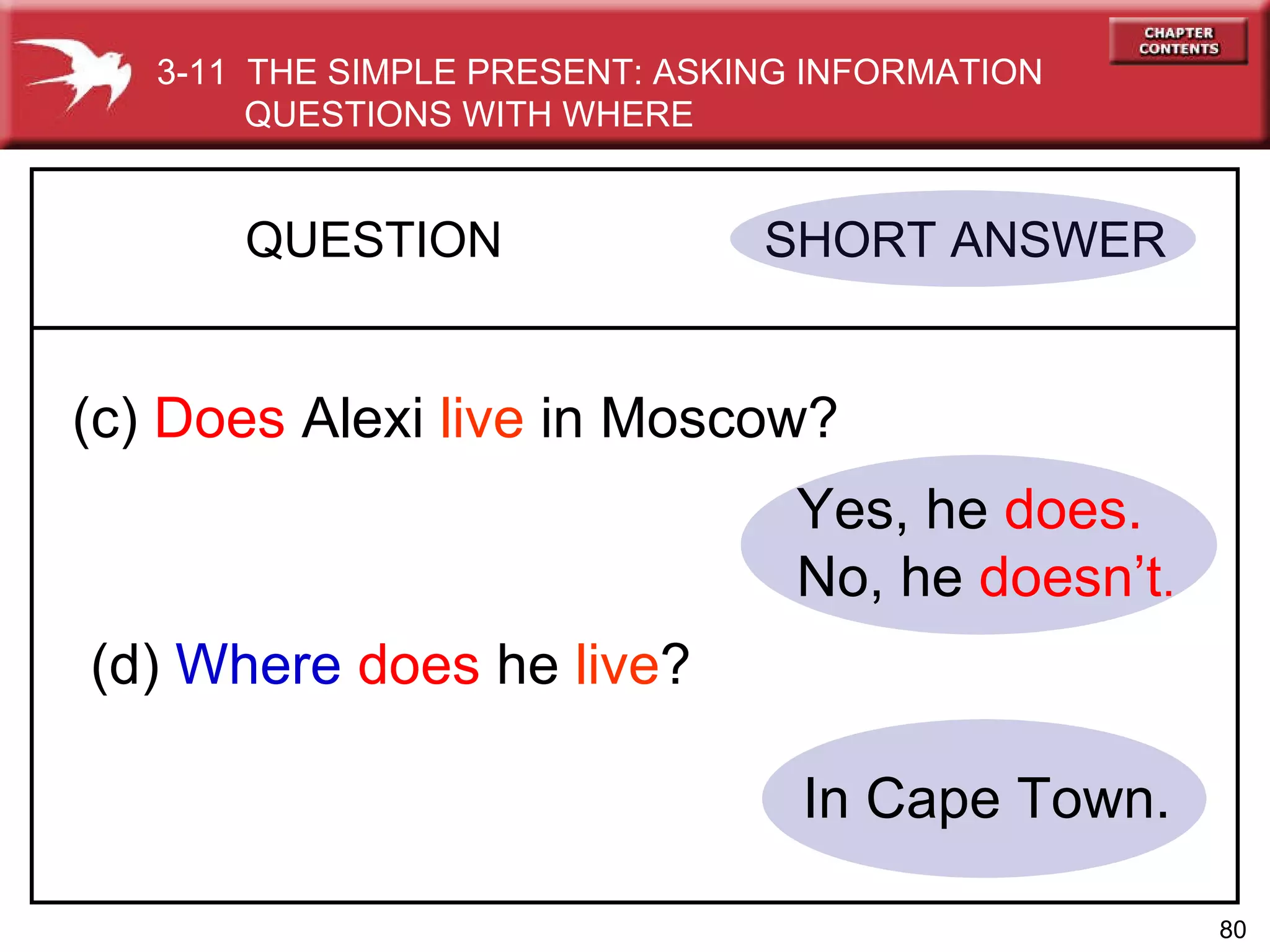 Yes, he  does. No, he  doesn’t . QUESTION  SHORT ANSWER   (c)  Does  Alexi  live  in Moscow? (d)  Where  does  he  live ? In Cape Town. 3-11  THE SIMPLE PRESENT: ASKING INFORMATION QUESTIONS WITH WHERE 