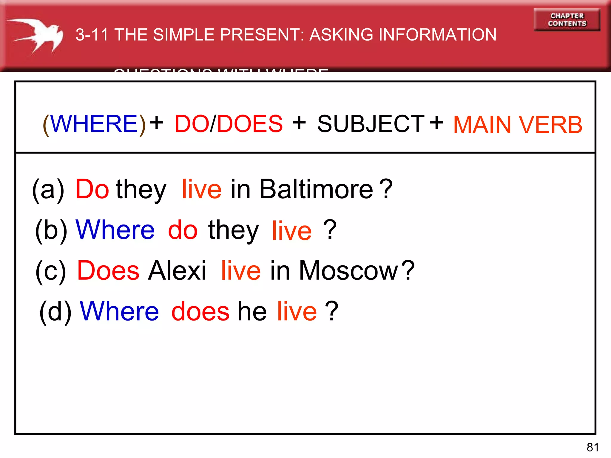 (a)  in Baltimore (b)  Where (c)  in Moscow (d)  Where   Do do does Does DO / DOES SUBJECT they they Alexi he MAIN VERB + + live live live live ? ? ? ? ( WHERE ) + 3-11 THE SIMPLE PRESENT: ASKING INFORMATION  QUESTIONS WITH WHERE 