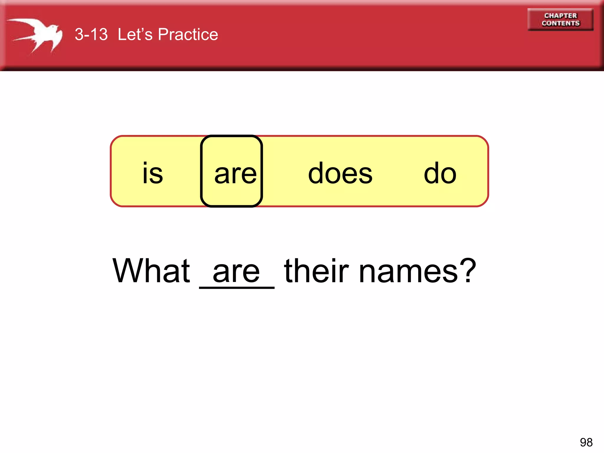 What ____ their names? are 3-13  Let’s Practice is  are  does  do 