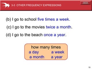 (b) I go to school  five times a week . (c) I go to the movies  twice a month . (d) I go to the beach  once a year . 3-3  OTHER FREQUENCY EXPRESSIONS how many times a day  a week a month  a year 