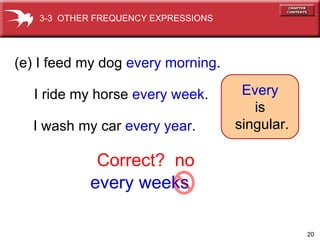 every weeks (e) I feed my dog  every morning . I ride my horse  every week . I wash my car  every year . Every   is  singular. Correct? no 3-3  OTHER FREQUENCY EXPRESSIONS 