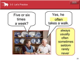 Yes, he  takes a walk. Five or six times  a week? 3-3  Let’s Practice often always usually  often  sometimes  seldom rarely never  