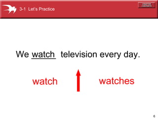 We _____  television every day.  watch watches watch 3-1  Let’s Practice 