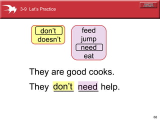 need 3-9  Let’s Practice don’t doesn’t feed jump need eat They are good cooks. don’t They  ____  ____ help. 