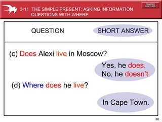 Yes, he  does. No, he  doesn’t . QUESTION  SHORT ANSWER   (c)  Does  Alexi  live  in Moscow? (d)  Where  does  he  live ? In Cape Town. 3-11  THE SIMPLE PRESENT: ASKING INFORMATION QUESTIONS WITH WHERE 