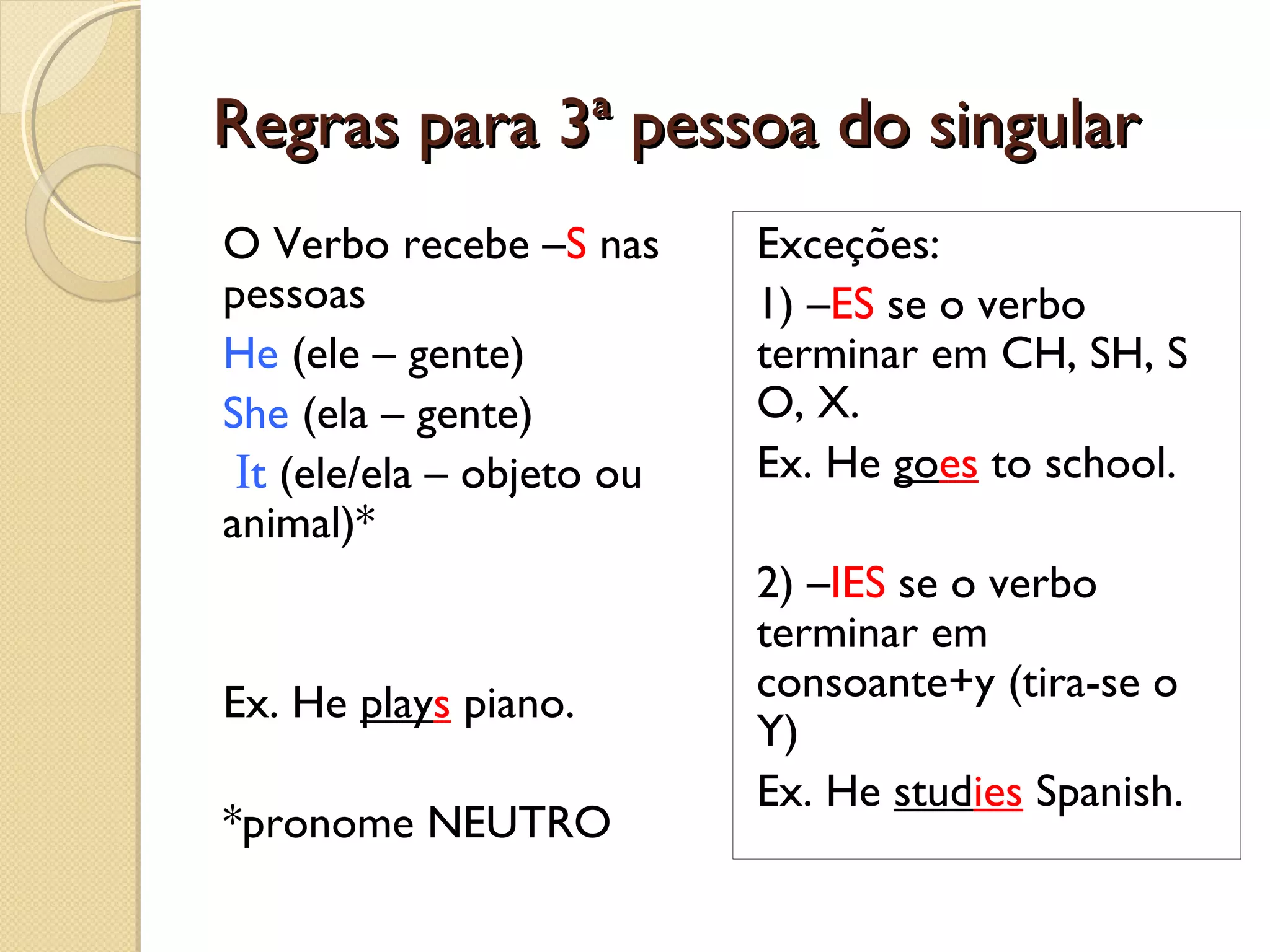 Regras para 3ª pessoa do singular
O Verbo recebe –S nas
pessoas
He (ele – gente)
She (ela – gente)
It (ele/ela – objeto ou
animal)*

Ex. He plays piano.
*pronome NEUTRO

Exceções:
1) –ES se o verbo
terminar em CH, SH, S
O, X.
Ex. He goes to school.
2) –IES se o verbo
terminar em
consoante+y (tira-se o
Y)
Ex. He studies Spanish.

 