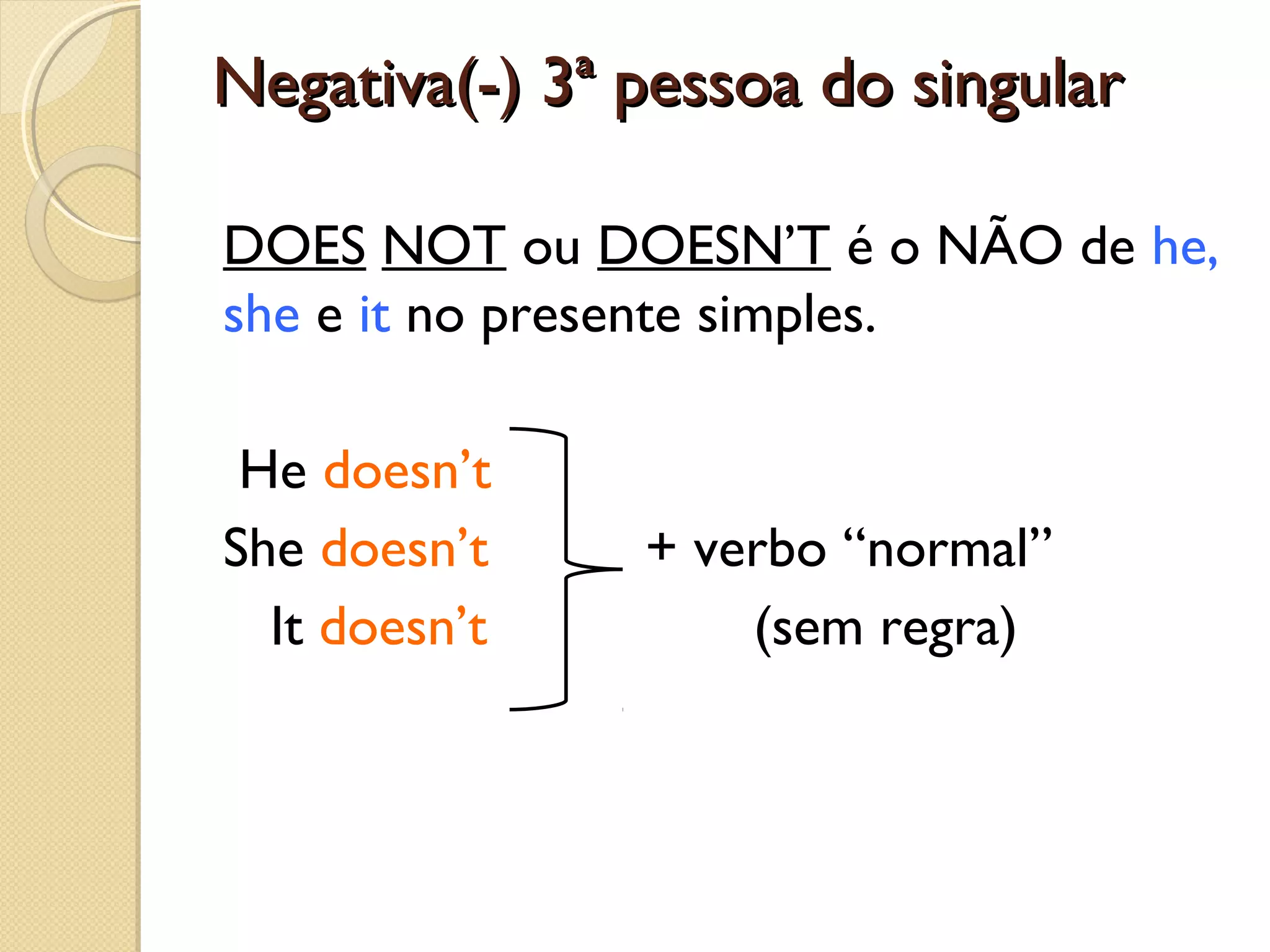 Negativa(-) 3ª pessoa do singular
DOES NOT ou DOESN’T é o NÃO de he,
she e it no presente simples.
He doesn’t
She doesn’t
It doesn’t

+ verbo “normal”
(sem regra)

 