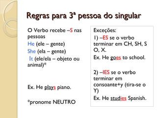 Regras para 3ª pessoa do singular
O Verbo recebe –S nas
pessoas
He (ele – gente)
She (ela – gente)
It (ele/ela – objeto ou
animal)*

Ex. He plays piano.
*pronome NEUTRO

Exceções:
1) –ES se o verbo
terminar em CH, SH, S
O, X.
Ex. He goes to school.
2) –IES se o verbo
terminar em
consoante+y (tira-se o
Y)
Ex. He studies Spanish.

 