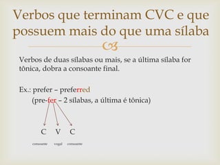 Verbos que terminam CVC e que
possuem mais do que uma sílaba



Verbos de duas sílabas ou mais, se a última sílaba for
tônica, dobra a consoante final.
Ex.: prefer – preferred
(pre-fer – 2 sílabas, a última é tônica)

C
consoante

V
vogal

C
consoante

 
