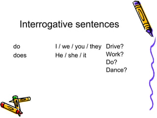 Interrogative sentences
do I / we / you / they Drive?
Work?
Do?
Dance?
does He / she / it
 