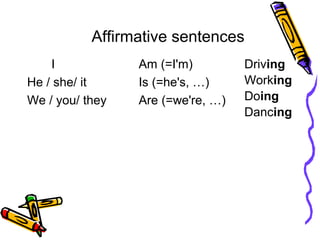 I Am (=I'm) Driving
Working
Doing
Dancing
He / she/ it Is (=he's, …)
We / you/ they Are (=we're, …)
Affirmative sentences
 