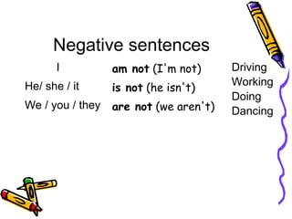 Negative sentences
I am not (I'm not) Driving
Working
Doing
Dancing
He/ she / it is not (he isn't)
We / you / they are not (we aren't)
 